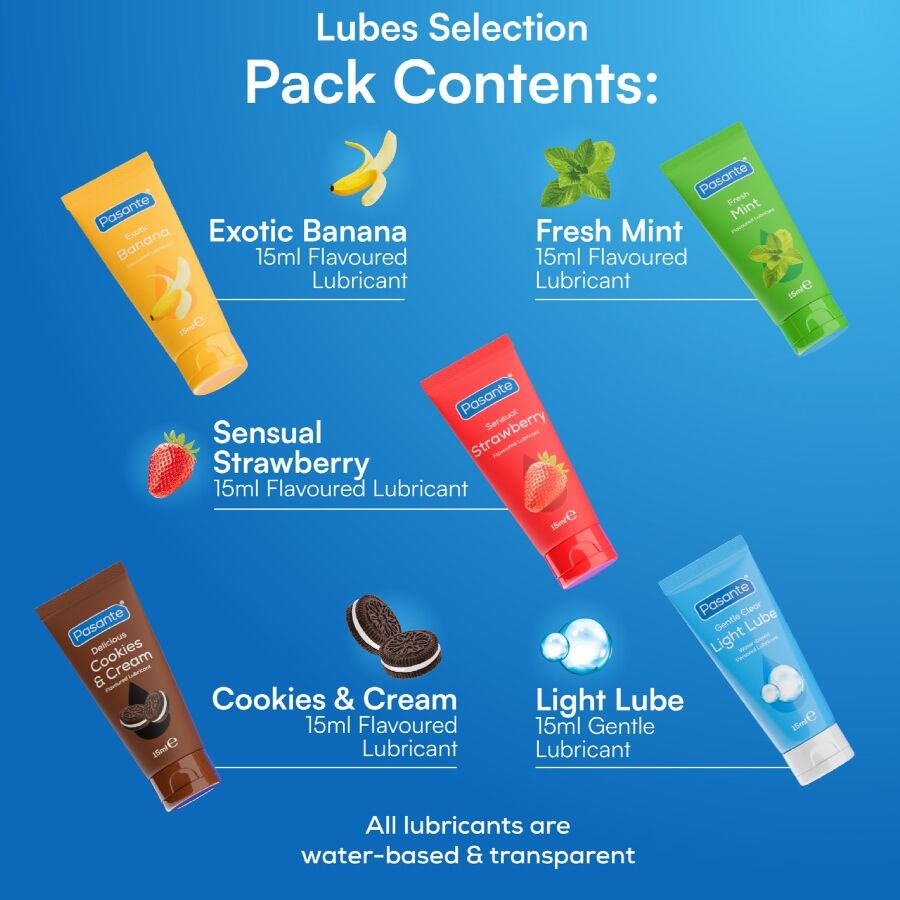 PASANTE - PACK LUBRIFICANTES SABORES SORTIDOS 5 UNIDADES X 15 ML
