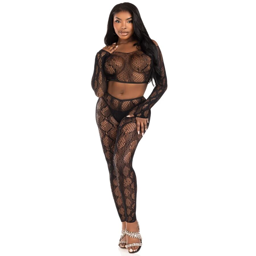 LEG AVENUE - 89373 TOP CROPPED COM ESTAMPA DE PYTHON E MEIA-CALÇA SEM PÉ PRETA - TAMANHO ÚNICO