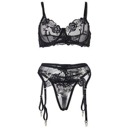 SUBBLIME - CONJUNTO DE 3 PEAS SUTI + TANGA + LIGA ESTAMPADO FLORAL PRETO L/XL