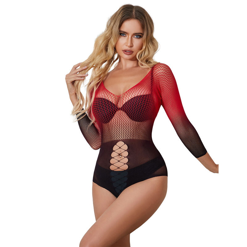 SUBBLIME - VESTIDO DE REDE ELSTICA DE MANGA LONGA COM DEGRADÊ VERMELHO E PRETO TAMANHO ÚNICO