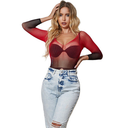 SUBBLIME - VESTIDO DE REDE ELSTICA DE MANGA LONGA COM DEGRADÊ VERMELHO E PRETO TAMANHO ÚNICO