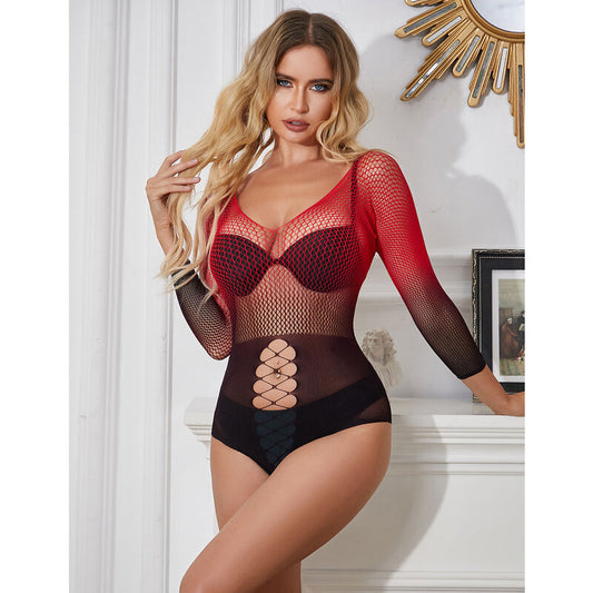 SUBBLIME - VESTIDO DE REDE ELSTICA DE MANGA LONGA COM DEGRADÊ VERMELHO E PRETO TAMANHO ÚNICO