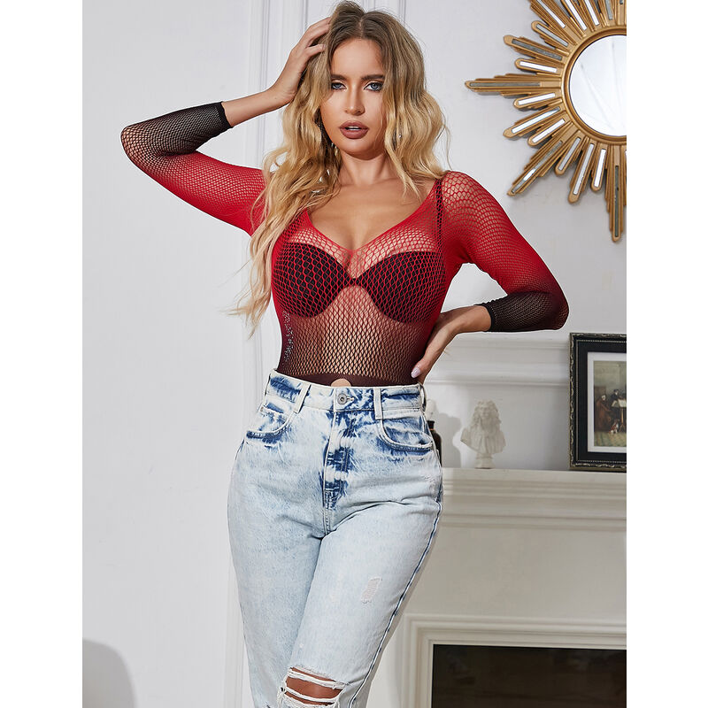 SUBBLIME - VESTIDO DE REDE ELSTICA DE MANGA LONGA COM DEGRADÊ VERMELHO E PRETO TAMANHO ÚNICO