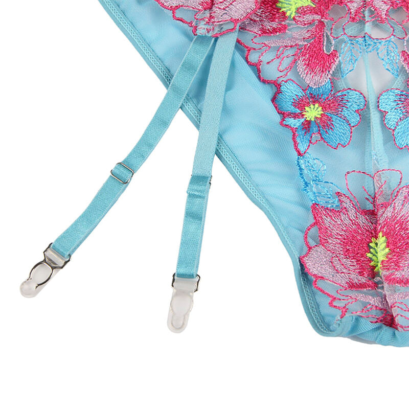 SUBBLIME - SUTIÃ + CALCINHA COM CINTO-LIGA DESIGN FLORAL AZUL