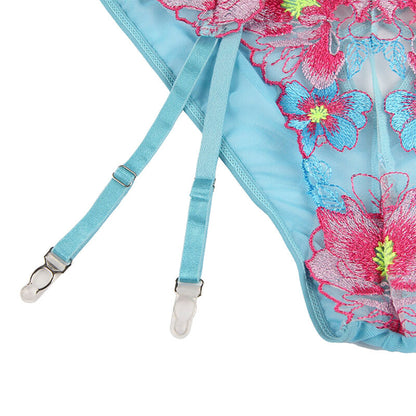 SUBBLIME - SUTIÃ + CALCINHA COM CINTO-LIGA DESIGN FLORAL AZUL
