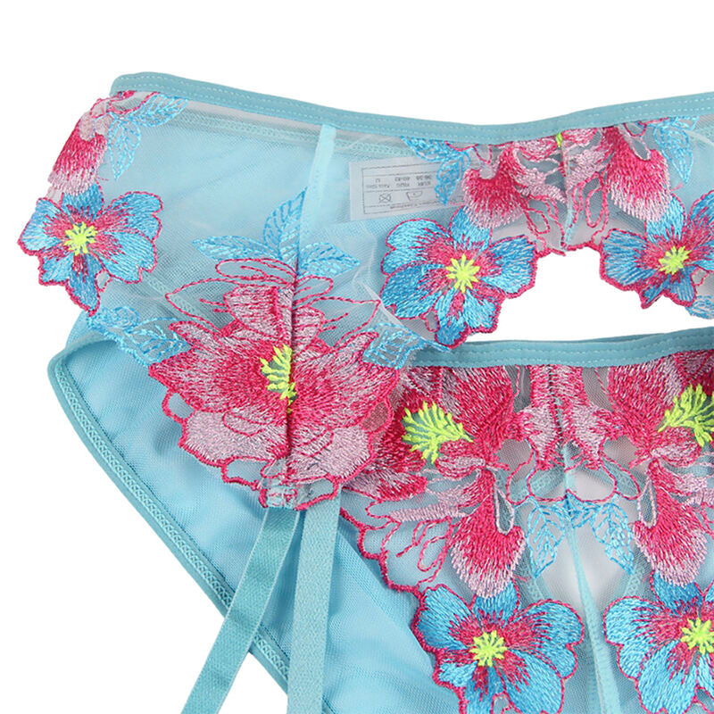 SUBBLIME - SUTIÃ + CALCINHA COM CINTO-LIGA DESIGN FLORAL AZUL