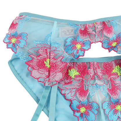 SUBBLIME - SUTIÃ + CALCINHA COM CINTO-LIGA DESIGN FLORAL AZUL