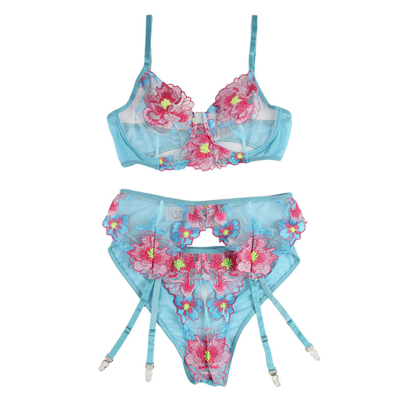 SUBBLIME - SUTIÃ + CALCINHA COM CINTO-LIGA DESIGN FLORAL AZUL