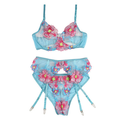SUBBLIME - SUTIÃ + CALCINHA COM CINTO-LIGA DESIGN FLORAL AZUL