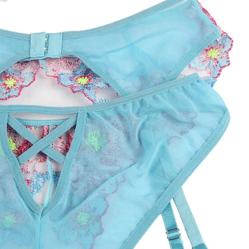 SUBBLIME - SUTIÃ + CALCINHA COM CINTO-LIGA DESIGN FLORAL AZUL