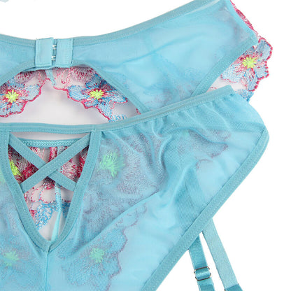 SUBBLIME - SUTIÃ + CALCINHA COM CINTO-LIGA DESIGN FLORAL AZUL