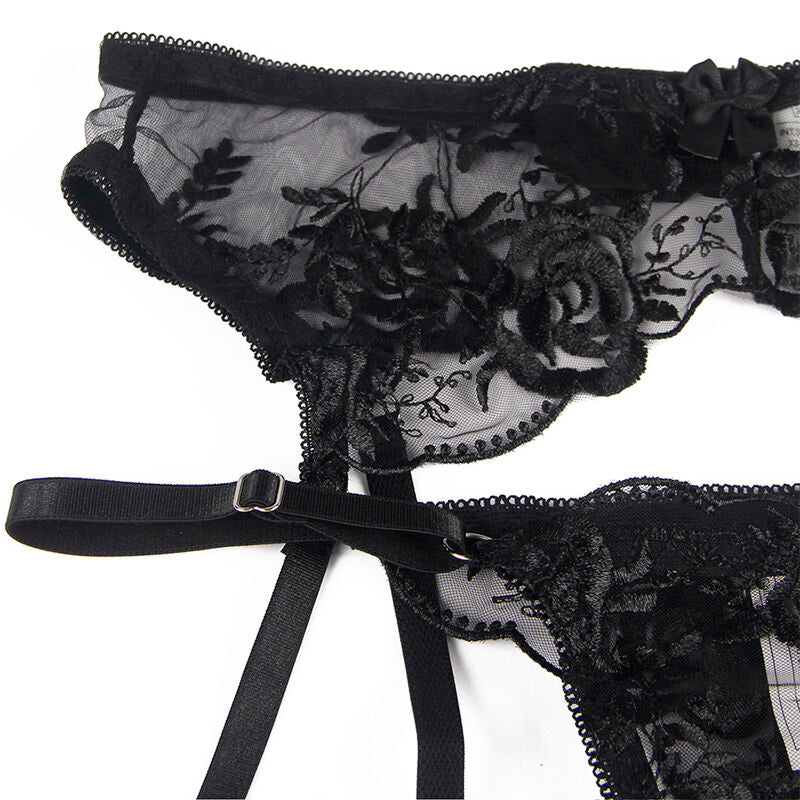 SUBBLIME - SUTIÃ + CALCINHA COM CINTO-LIGA DESIGN FLORAL PRETO