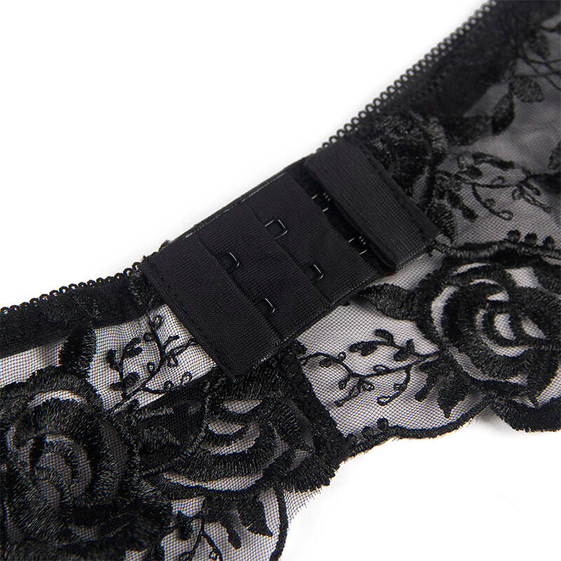SUBBLIME - SUTIÃ + CALCINHA COM CINTO-LIGA DESIGN FLORAL PRETO