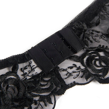 SUBBLIME - SUTIÃ + CALCINHA COM CINTO-LIGA DESIGN FLORAL PRETO