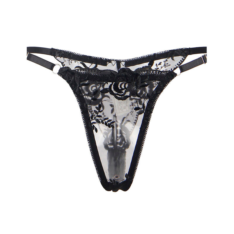 SUBBLIME - SUTIÃ + CALCINHA COM CINTO-LIGA DESIGN FLORAL PRETO