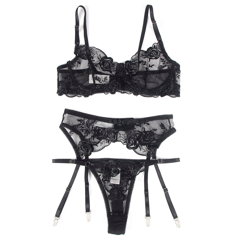 SUBBLIME - SUTIÃ + CALCINHA COM CINTO-LIGA DESIGN FLORAL PRETO