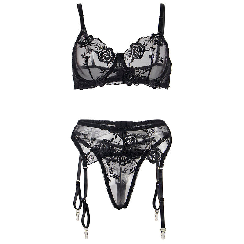 SUBBLIME - SUTIÃ + CALCINHA COM CINTO-LIGA DESIGN FLORAL PRETO