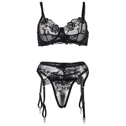 SUBBLIME - SUTIÃ + CALCINHA COM CINTO-LIGA DESIGN FLORAL PRETO