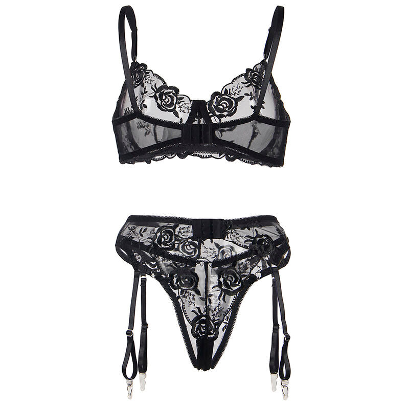 SUBBLIME - SUTIÃ + CALCINHA COM CINTO-LIGA DESIGN FLORAL PRETO
