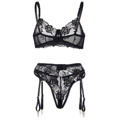 SUBBLIME - SUTIÃ + CALCINHA COM CINTO-LIGA DESIGN FLORAL PRETO