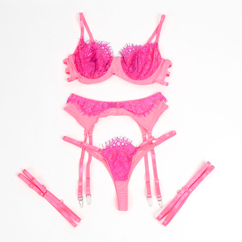 SUBBLIME - 955359 CONJUNTO DE SUTIÃ COM RENDA E LIGAS ROSA E ROXO S/M