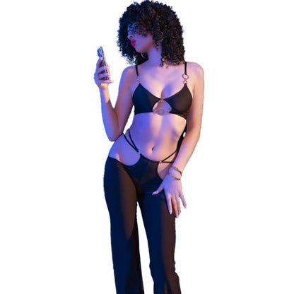 CHILIROSE - CR 4851 CONJUNTO DE TOP E LEGGING PRETO COM ACESSÓRIOS DOURADOS M