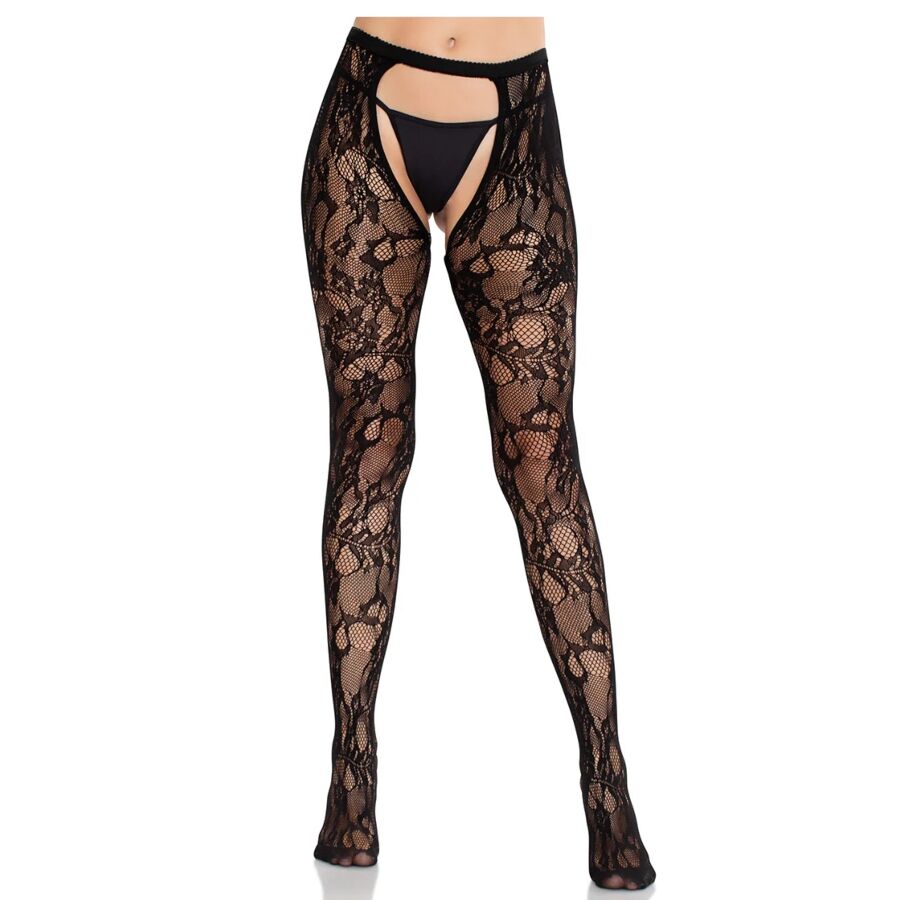 LEG AVENUE - MEIAS DE RENDA ROSA COM COSTAS ABERTAS PRETAS