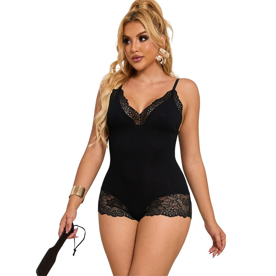 SUBBLIME - TEDDY PRETO FLORAL DETALHE DE RENDA S/M