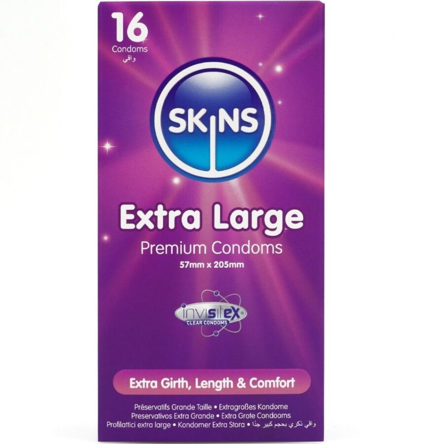 SKINS - PRESERVATIVOS EXTRA GRANDE PREMIUM PACOTE COM 16