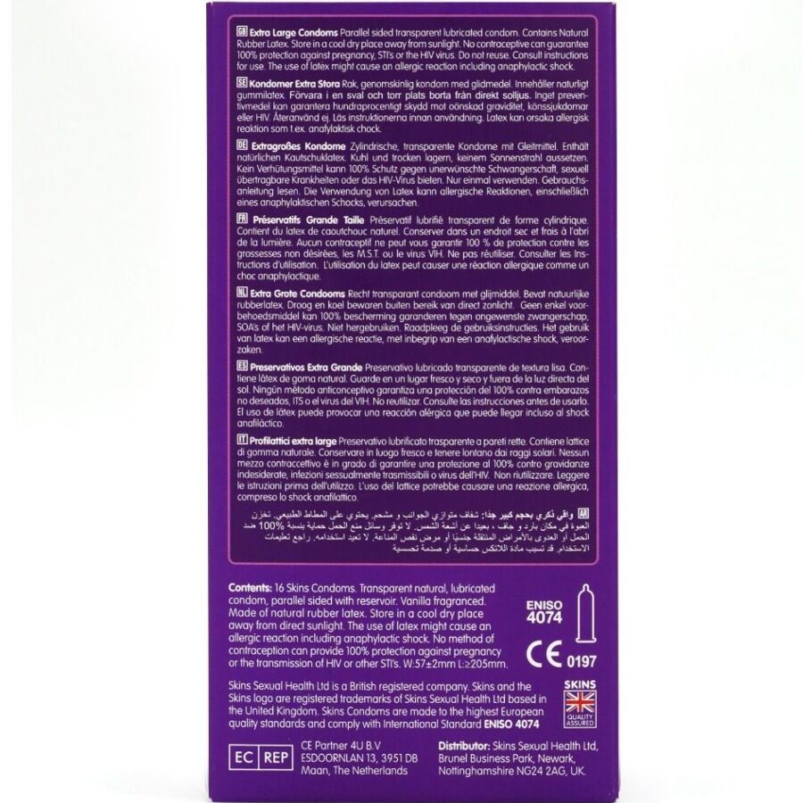 SKINS - PRESERVATIVOS EXTRA GRANDE PREMIUM PACOTE COM 16