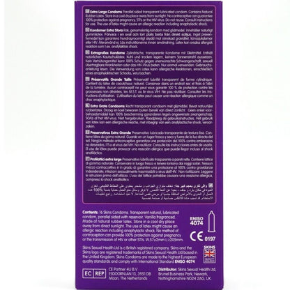 SKINS - PRESERVATIVOS EXTRA GRANDE PREMIUM PACOTE COM 16