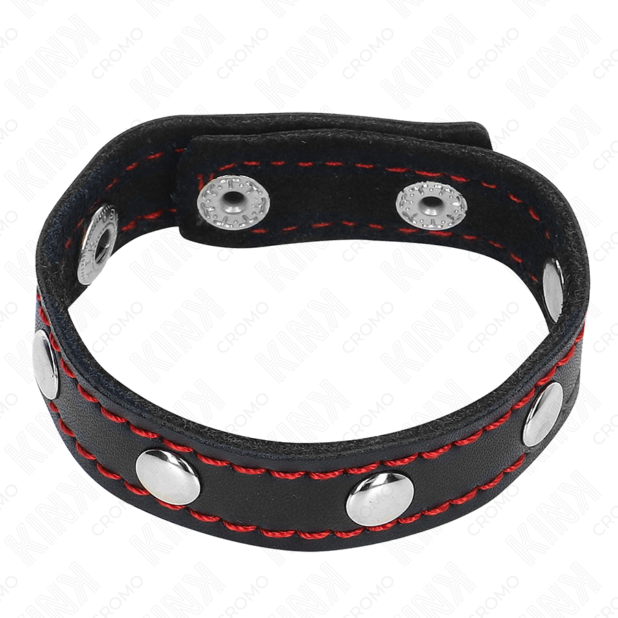 KINK - ANEL DE COURO PARA PÊNIS COM FECHO DE PRESSÃO FORRO VERMELHO 21 X 1,5 CM