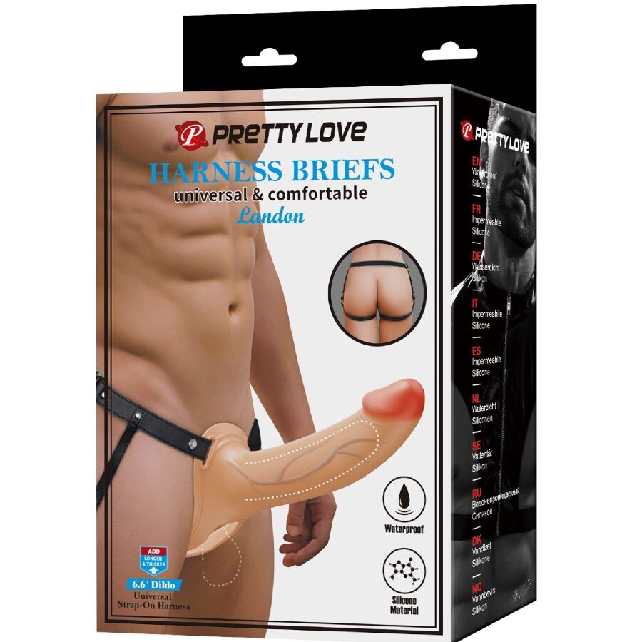 PRETTY LOVE - CALCINHA LANDON HARNESS, ARNÊS UNIVERSAL COM DILDO DE SILICONE OCO DE 16,8 CM NA COR DA PELE