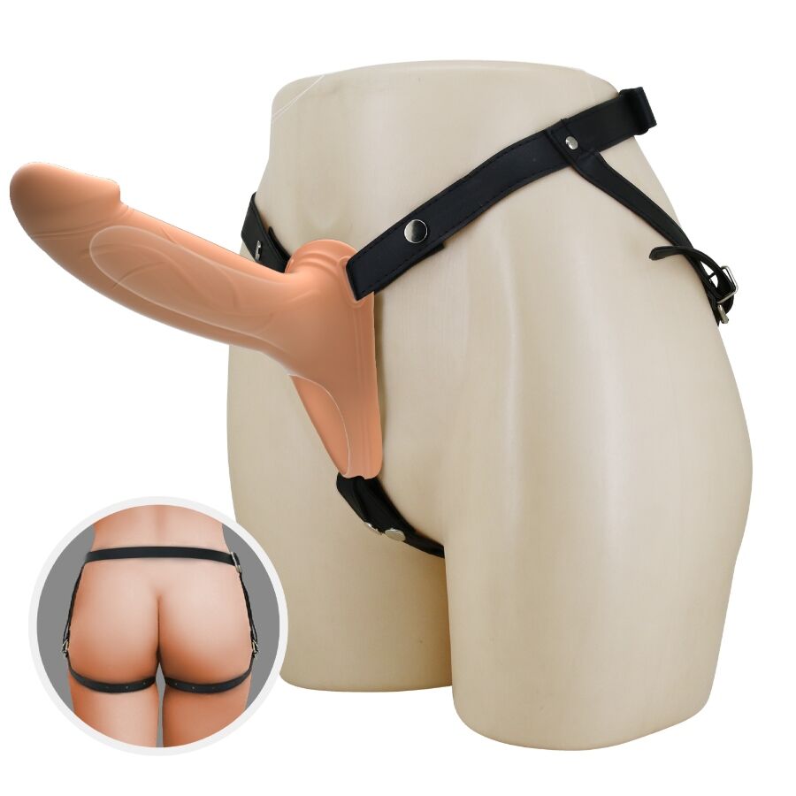 PRETTY LOVE - CALCINHA LANDON HARNESS, ARNÊS UNIVERSAL COM DILDO DE SILICONE OCO DE 16,8 CM NA COR DA PELE