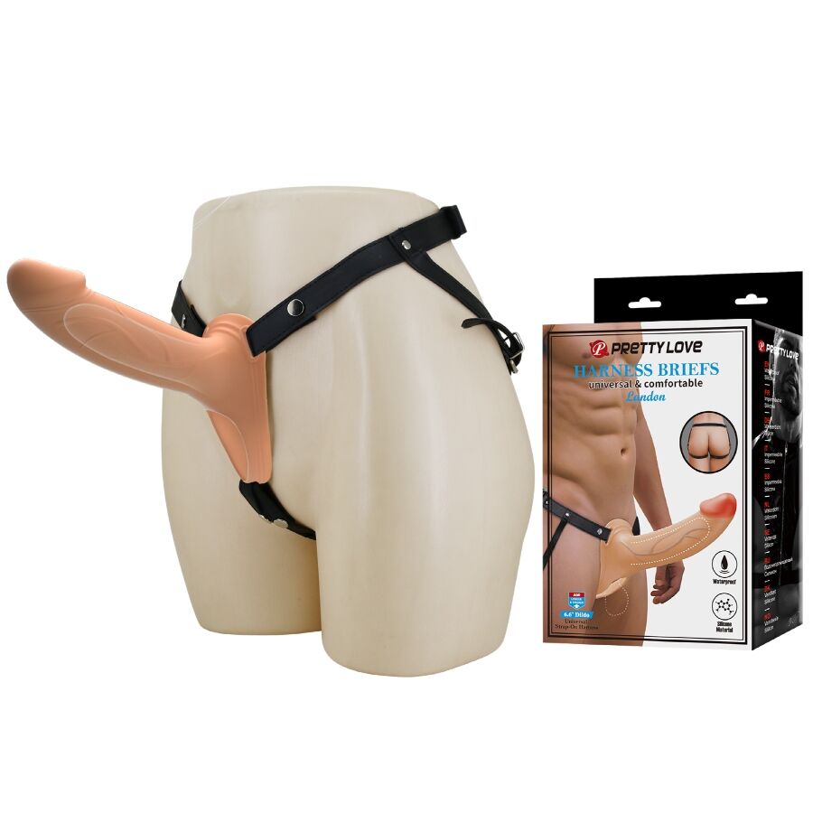 PRETTY LOVE - CALCINHA LANDON HARNESS, ARNÊS UNIVERSAL COM DILDO DE SILICONE OCO DE 16,8 CM NA COR DA PELE